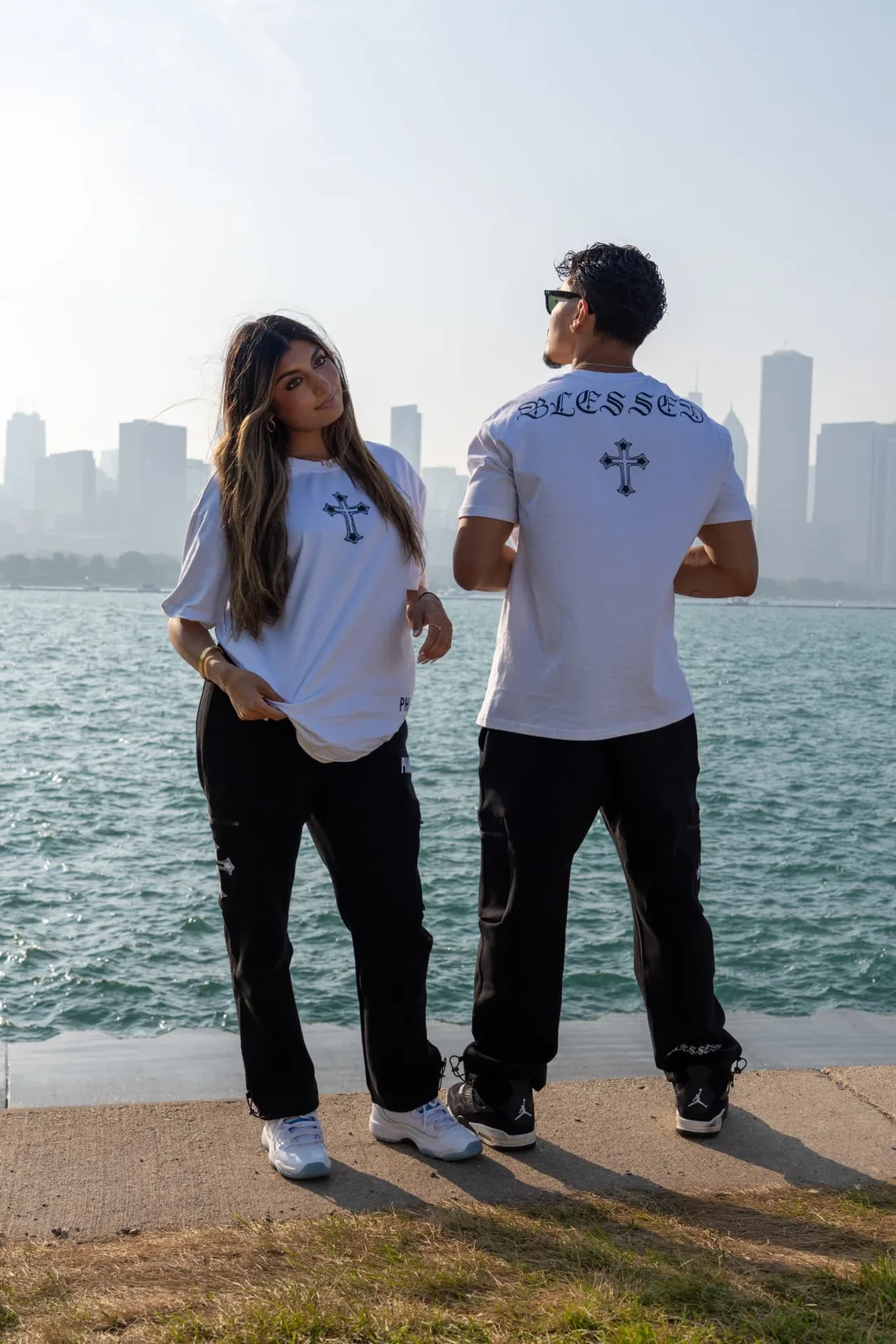 White Blessed Cross tees with black cargo pants